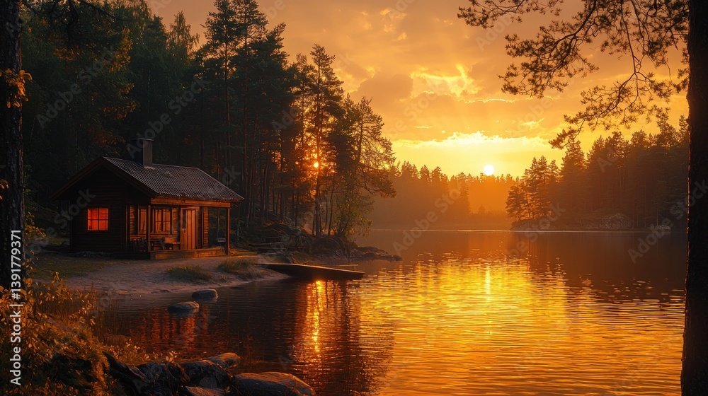 Fototapeta premium Lakeside cabin sunset tranquility