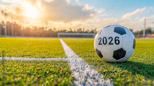 Soccer Ball on Lush Green Field with 2026 Marking Upcoming World Championship, Sports Background