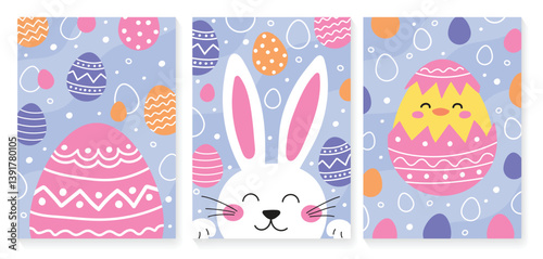 Happy Easter - greeting card set. Easter bunny, egg and cute chick. Colourful hand drawn elements in cartoon style. Vector illustration