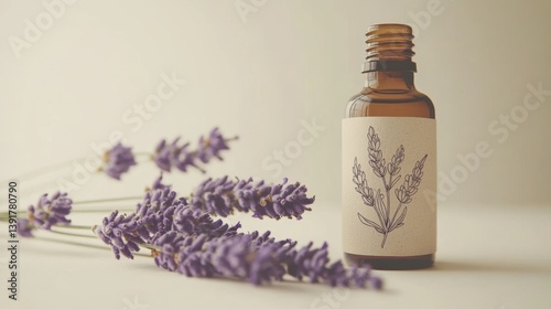 aromatherapy product, lavender oil bottle displayed with fresh sprig beside it against a white background