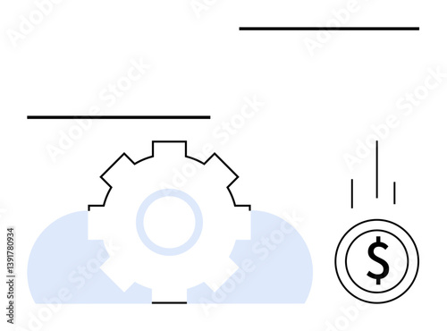 Gear over cloud and falling dollar coin suggests automation, technology, efficiency, and financial benefits. Ideal for business, finance, workflow, industry, innovation strategy economic success