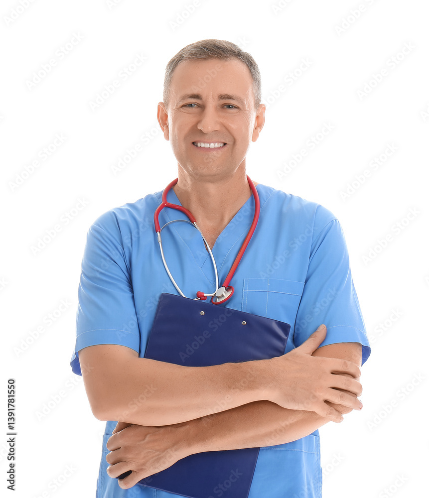 Mature doctor with clipboard on white background