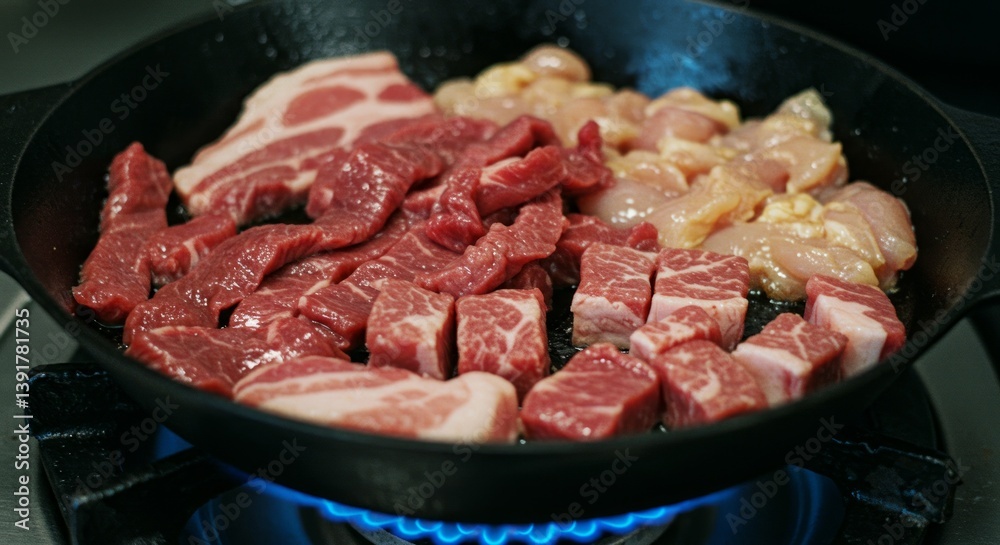 Meat is currently being cooked in a frying pan placed on a stove Meat is currently being cooked in a frying pan placed on a stove