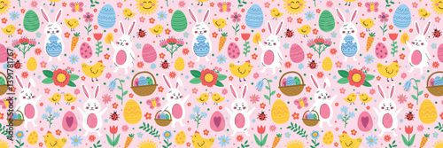 Easter seamless pattern with cute bunny, eggs, chick and flower. Cartoon style background. Vector illustration