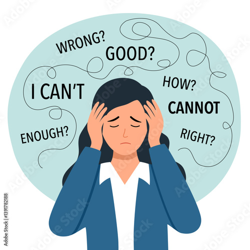 Businesswoman confusion or imposter syndrome. Self doubt on her head not good, enough ,thinking, can and cannot make no confidence to make decision self concept