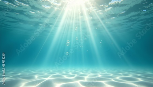 Sunbeams shining through water surface onto sand with floating bubbles below