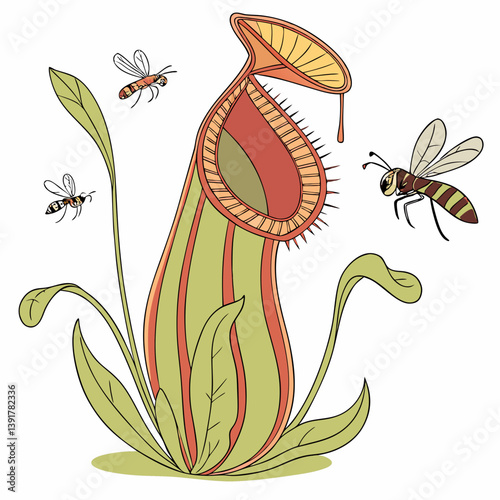 A digital illustration of the Heli amphora, a carnivorous plant that traps insects with its nectar-filled interior, showcasing its unique, deadly beauty