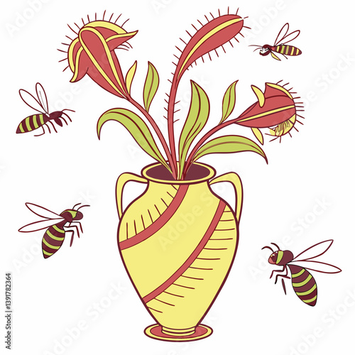 A digital illustration of the Heli amphora, a carnivorous plant that traps insects with its nectar-filled interior, showcasing its unique, deadly beauty