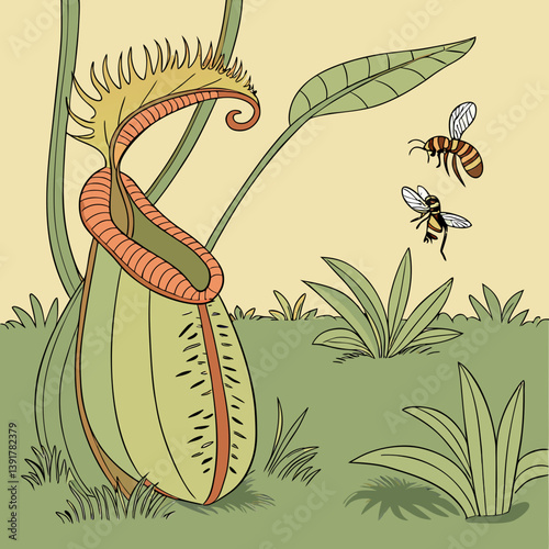 A digital illustration of the Heli amphora, a carnivorous plant that traps insects with its nectar-filled interior, showcasing its unique, deadly beauty