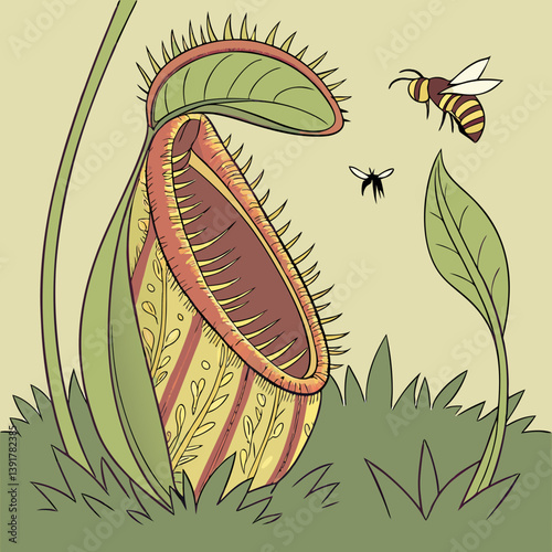 A digital illustration of the Heli amphora, a carnivorous plant that traps insects with its nectar-filled interior, showcasing its unique, deadly beauty