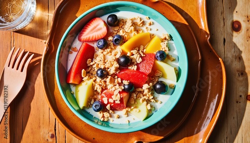Top view of vibrant breakfast bowl with strawberries, blueberries, granola and mint

