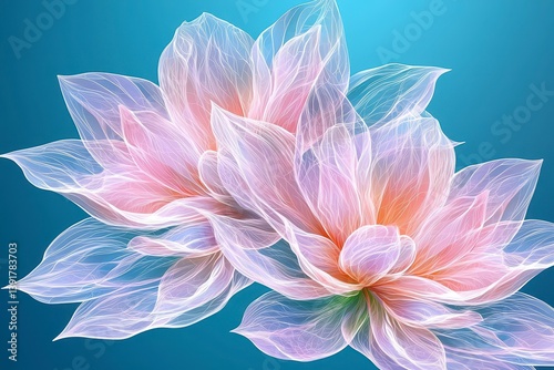 Translucent Pink and White Flowers on Blue Background