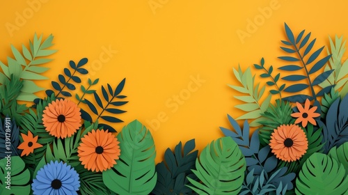 Colorful layered paper cut flowers and leaves on vibrant yellow background