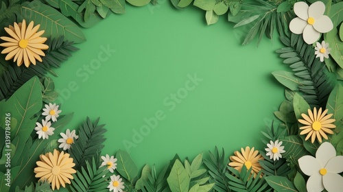 Layered Paper Cut Style Floral Background with Leaves and Flowers for Creative Projects