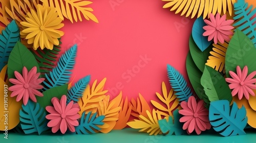 Colorful Layers of Paper Leaves and Flowers Surrounding a Soft Earthy Background