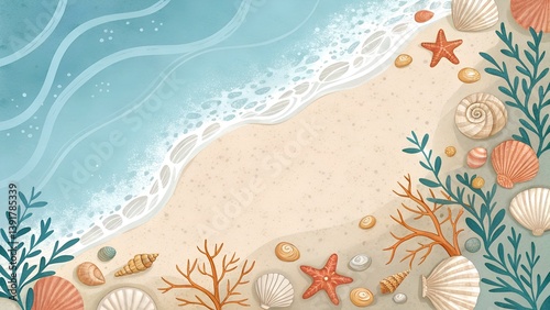 A colorful illustration depicts a sandy beach with various seashells, starfish, and coral near the water's edge.