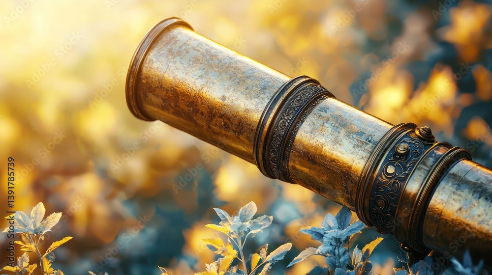 Fototapeta premium Antique brass telescope in golden light