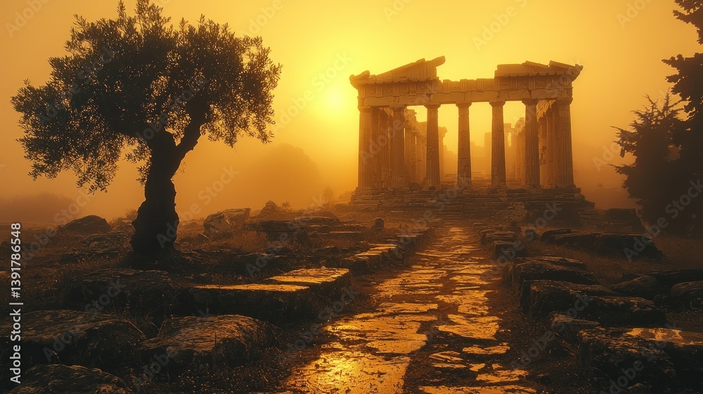 Fototapeta premium Ancient ruins bathed in golden sunrise
