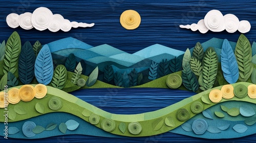 Colorful Paper Collage of a Lake Surrounded by Verdant Mountains and Trees