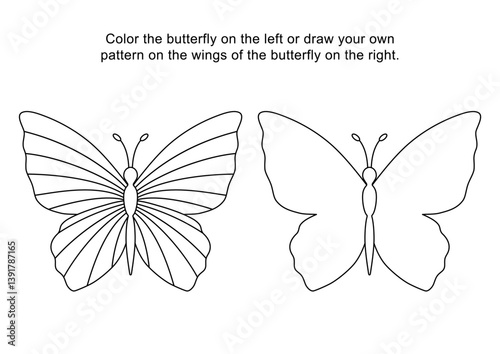 Two contour butterflies. Coloring page for children. Color or draw your own design on wings of butterfly.