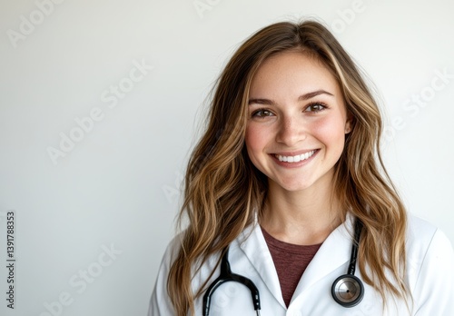 A young female doctor in a white lab coat and stethoscope stands confidently, her warm smile and professional look conveying approachability and trust.