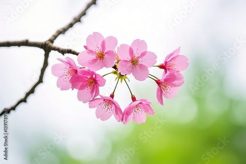 Fresh bright pink cherry blossom flowers on a tree branch in spring,  Sakura  springtime season, isolated on white background