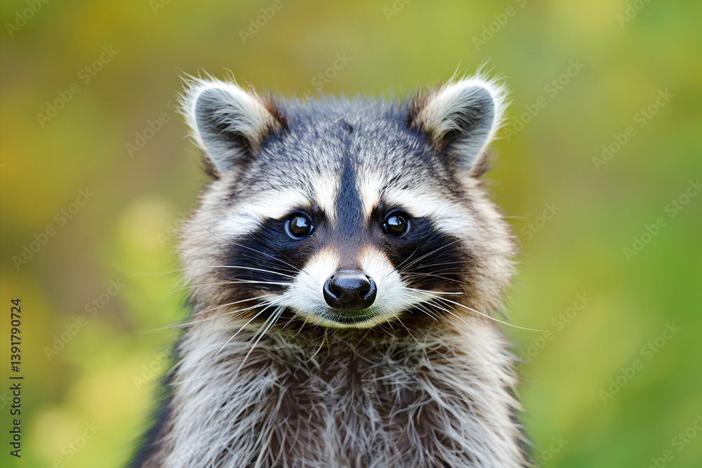 An inquisitive raccoon stares directly at the camera against a soft green background. An inquisitive raccoon stares directly at the camera against a soft green background.