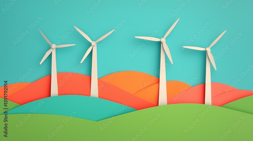 Fototapeta premium Peaceful Paper Collage of Wind Turbines in Tranquil Countryside Landscape Design