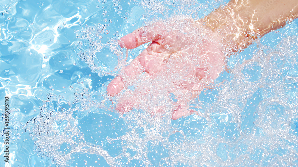 hands underwater with bubbles and light reflections in clear blue pool, motion and freshness captured in sparkling aquatic scene symbolizing hygiene, play, and summer vitality hands underwater with bubbles and light reflections in clear blue pool, motion and freshness captured in sparkling aquatic scene symbolizing hygiene, play, and summer vitality