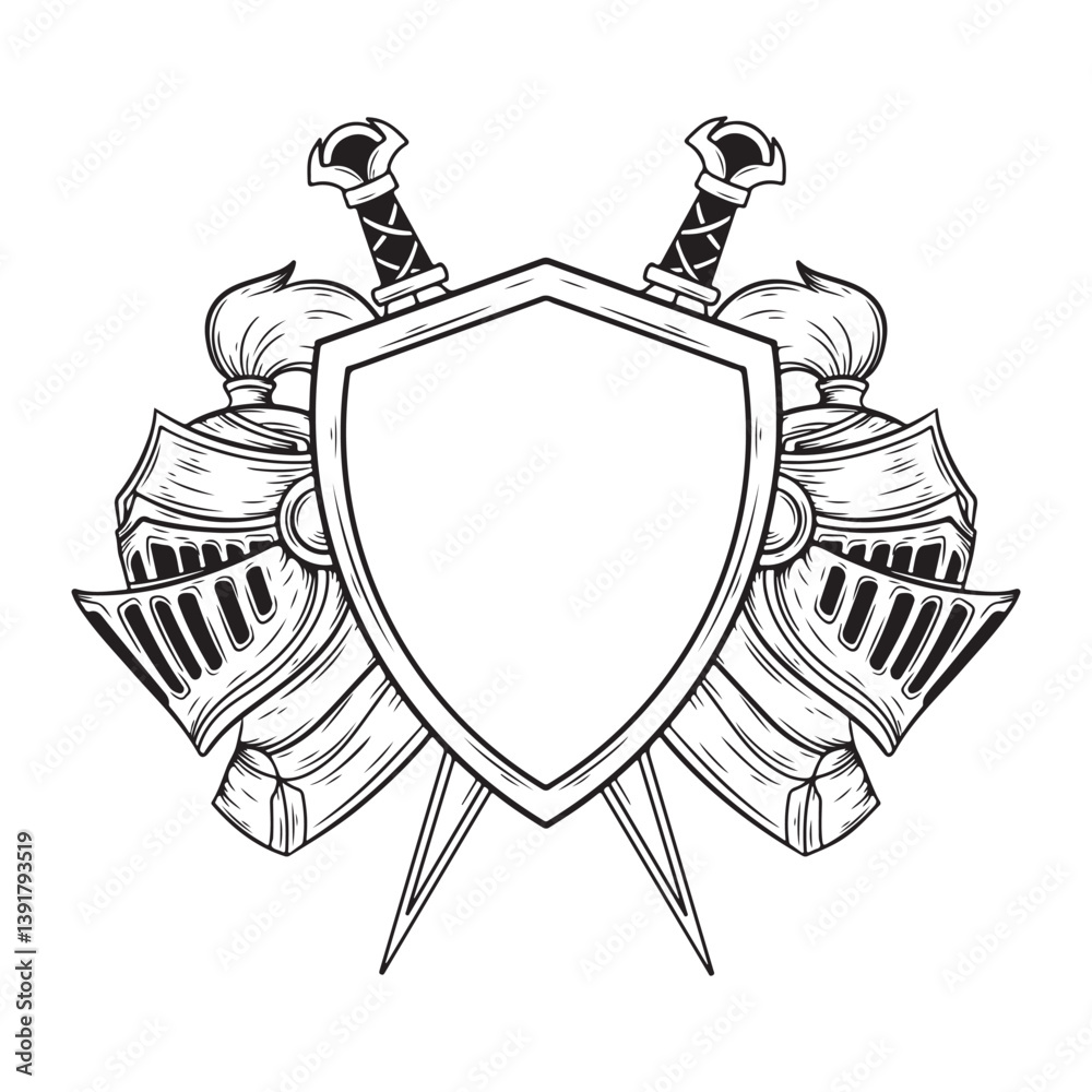 Obraz premium illuistration art black and white shield with sword flower and armor