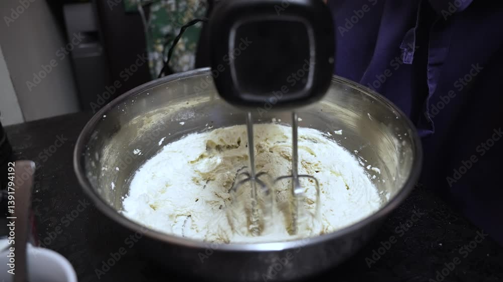 Electric mixer whisking ingredients in a large stainless steel bowl, preparing a dough mixture for baking. slow motion Electric mixer whisking ingredients in a large stainless steel bowl, preparing a dough mixture for baking. slow motion
