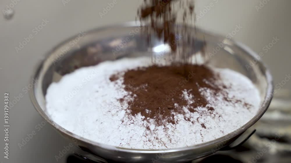 Cocoa powder being poured into a bowl of white flour, showing baking preparation. slow motion Cocoa powder being poured into a bowl of white flour, showing baking preparation. slow motion