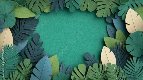 Soft Green and Blue Earth Design with Tropical Leaves in Elegant Paper Art Style