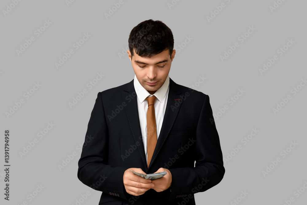 Young businessman with bribe on light background Young businessman with bribe on light background