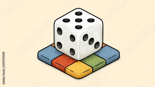 Isometric Pixel Art of a White Die on a Multicolored Tile