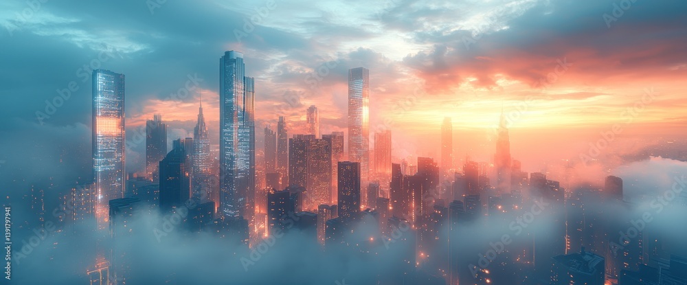 Fototapeta premium Cityscape at Sunrise, shrouded in mist