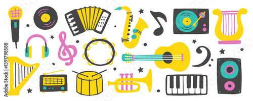 Set of musical icons. Vector flat hand drawn illustration in cartoon style