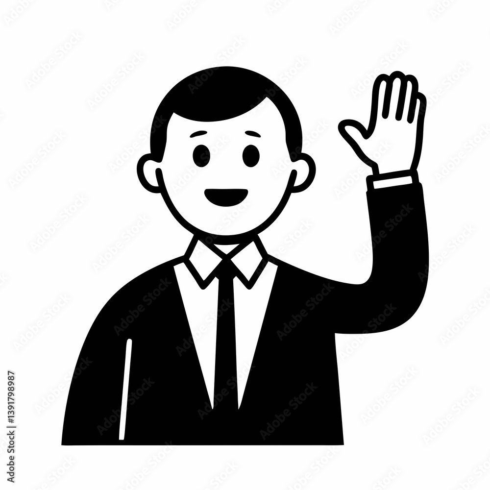 Smiling Businessman Waving Hand Friendly Greeting Simple Black And White Vector Illustration Smiling Businessman Waving Hand Friendly Greeting Simple Black And White Vector Illustration