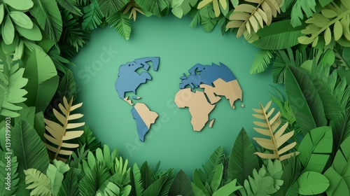 Colorful Paper Art Representation of Earth Surrounded by Lush Green Foliage