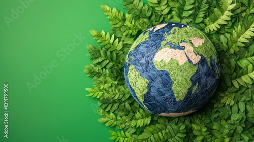 Decorative Paper Cut Style Planet Earth Surrounded by Lush Green Leaves