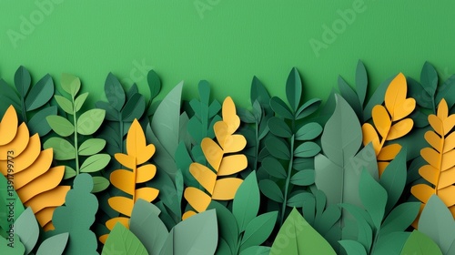 Vibrant Paper Collage of Green and Yellow Leaves Surrounded by a Lush Background