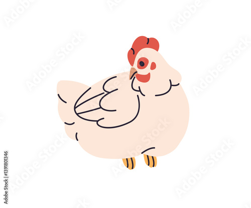 Cute village mother hen sits, hatches eggs. Country chicken relaxes in ranch. Farm animal, domestic bird, poultry, fowl, livestock has a rest. Flat isolated vector illustration on white background