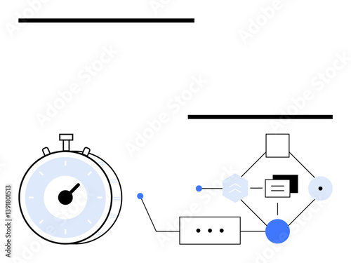 Stopwatch indicating time and diagram of connected nodes and shapes. Ideal for productivity, efficiency, planning, automation, workflow improvement, process tracking, abstract line flat metaphor