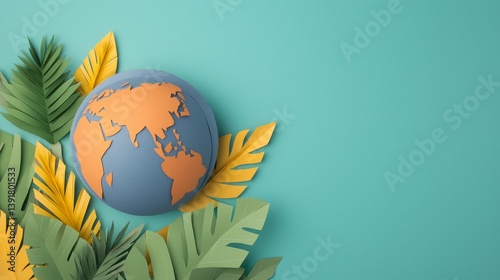 Artistic Paper Craft Representation of Earth Surrounded by Green Leaves and Nature