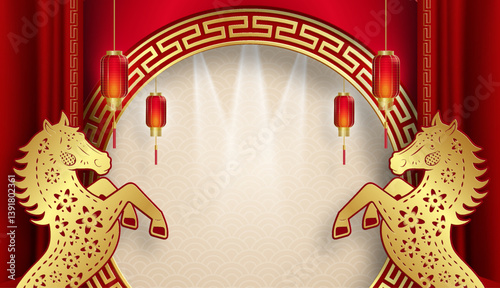 Happy Chinese new year 2026 horse Zodiac sign, with gold paper cut style on color background