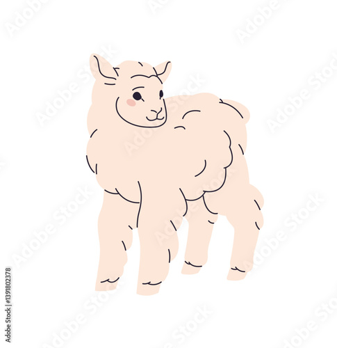 Fluffy baby sheep grazes in pasture. Cute lamb stands on barnyard, ranch. Adorable little ewe is in village. Amusing furry farm animal, livestock. Flat isolated vector illustration on white background