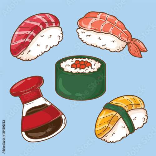 illustration art set bundle various kinds of sushi sticker design