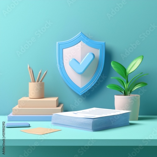 A modern workspace featuring a shield symbolizing security, with stationery items and a green plant on a light blue table.