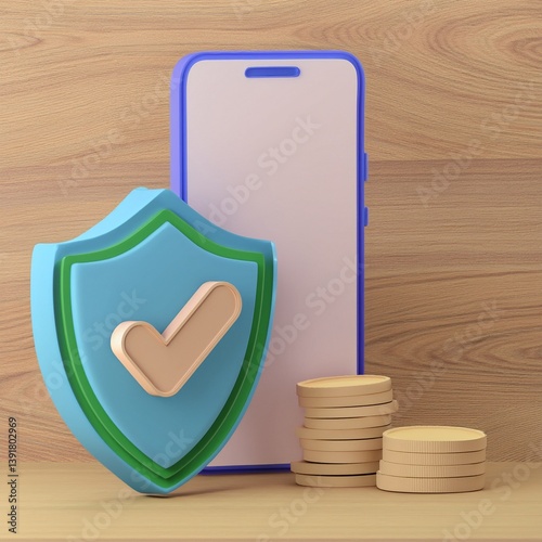A digital concept image featuring a smartphone, a shield with a check mark, and stacks of coins, symbolizing security and online transactions.