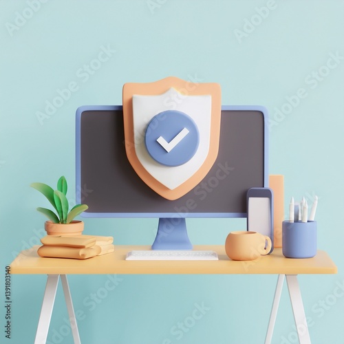 A modern workspace featuring a computer with a security shield emblem, a potted plant, books, and a cup, all set against a light blue background.